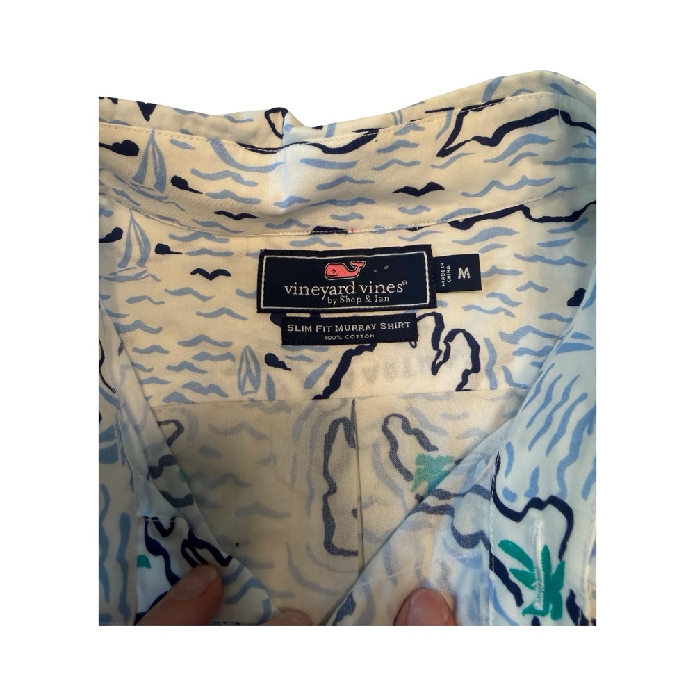 Vineyard Vines Mens Slim Fit Murray Shirt Island Map Print White Blue Medium - Picture 2 of 3